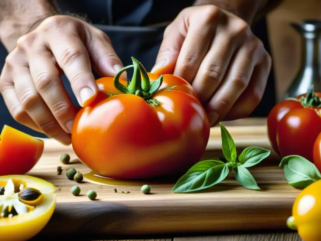 Un chef experto elaborando un plato tradicional español con ingredientes vibrantes en una tabla de madera