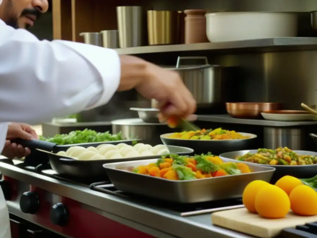 Un chef experto preparando platos criollos en una animada cocina en Hispanoamérica