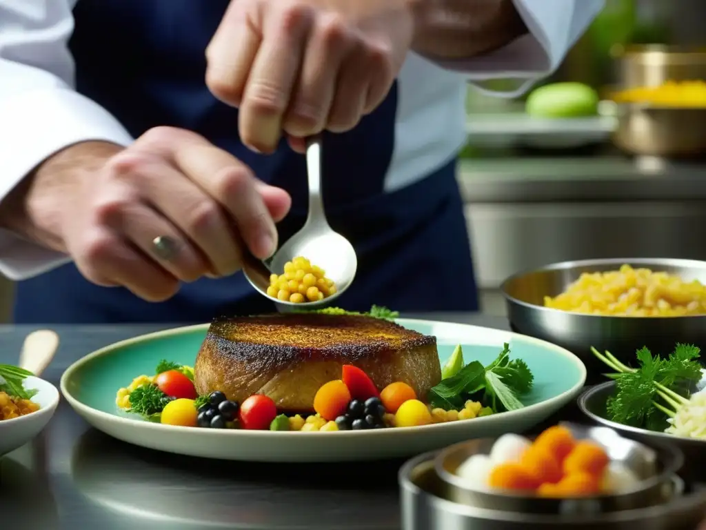 Arte culinario: Maestría en la creación de platos tradicionales Un chef experto crea platos históricos culturalmente relevantes con pasión y precisión en una cocina bulliciosa