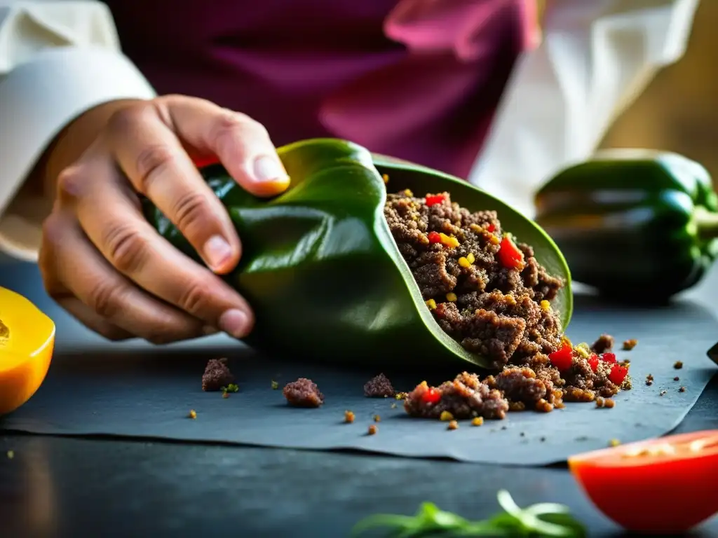 Un chef experto rellena un chile poblano con una mezcla de carne, frutas y especias, resaltando el origen histórico de los chiles en nogada