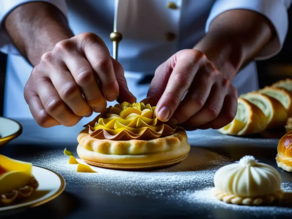 Arte culinario post1789: El chef crea una obra maestra francesa Un chef experto moldea con precisión una exquisita pastelería francesa, reflejando el impacto gastronomía revolución francesa