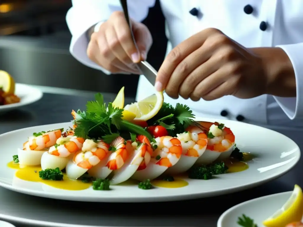 Chef experto crea plato de marisco artístico Un chef experto prepara con precisión un exquisito plato de mariscos en un bullicioso festival gastronómico en Lisboa