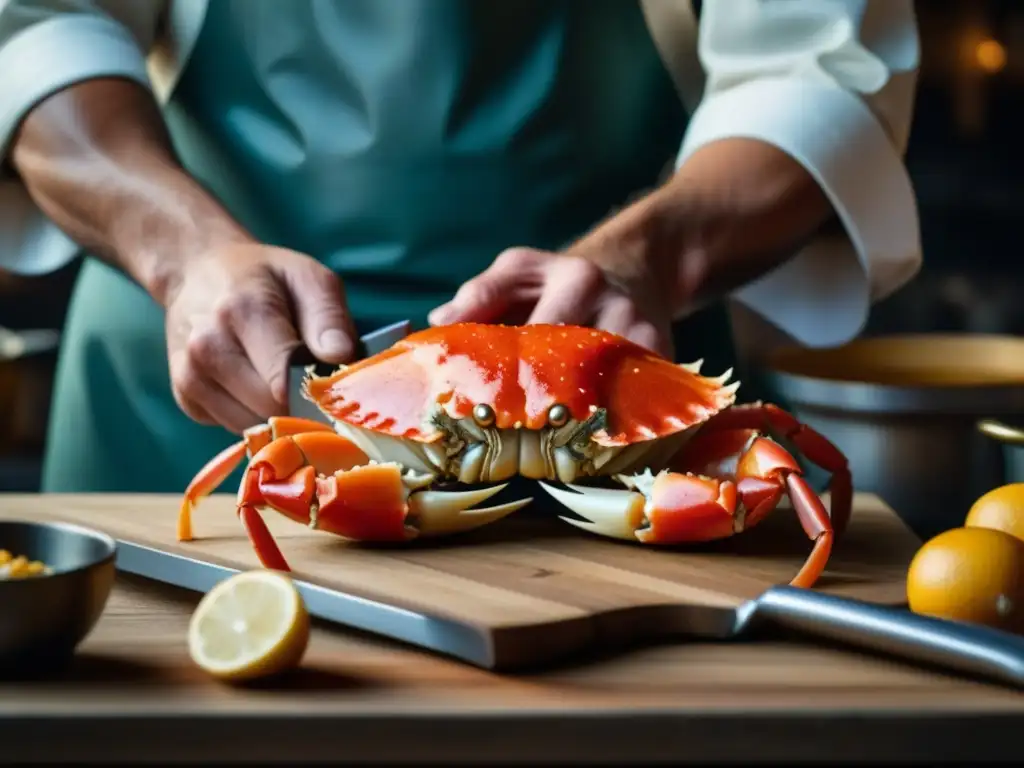 Un chef experto prepara con precisión una centolla patagónica en una cocina rústica, destacando los detalles de la centolla y su elaboración