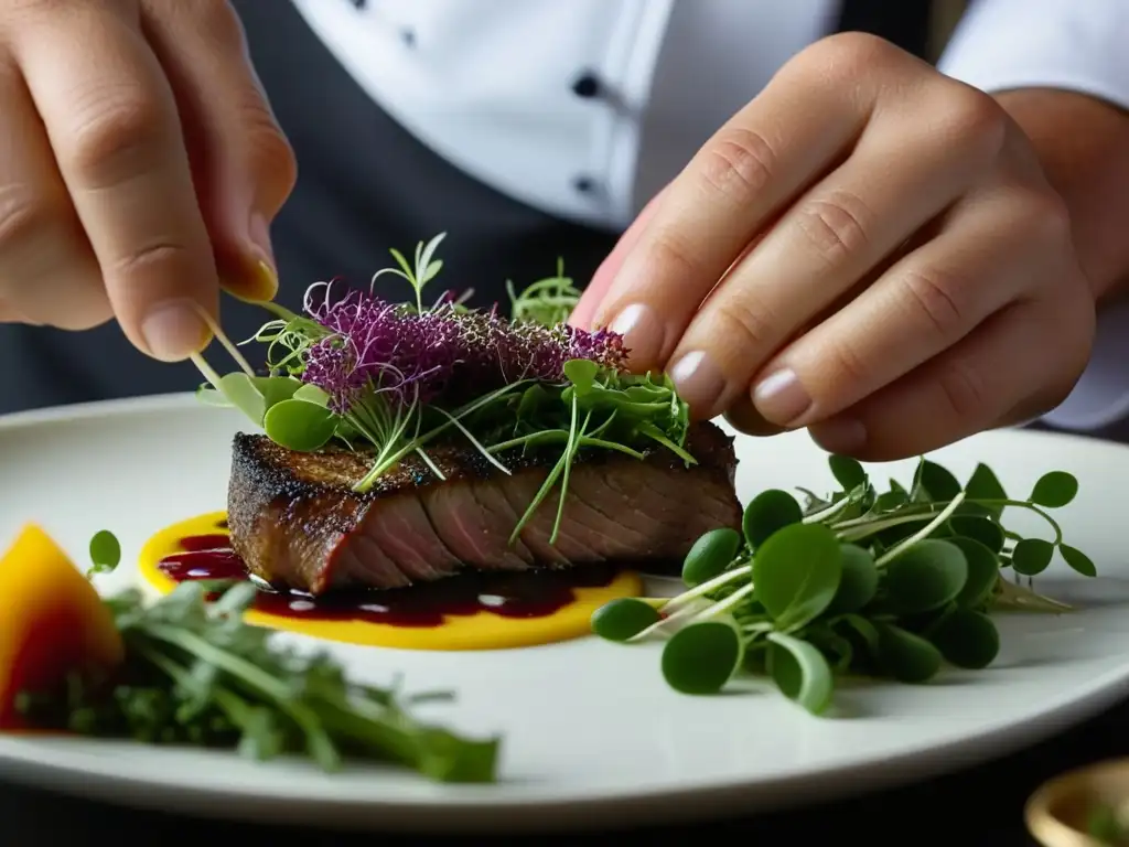 Un chef experto planteando con precisión un plato de Cocina Americana Moderna Época Dorada