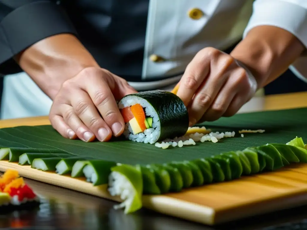 Un chef experto crea con precisión un rollo de sushi, reflejando la historia culinaria cultural mundial