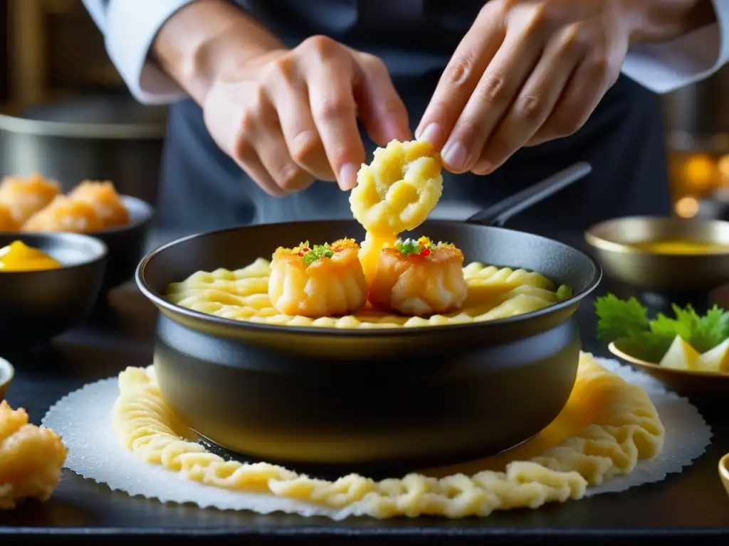 Un chef experto sumerge con precisión un camarón en la tempura dorada en una cocina japonesa tradicional