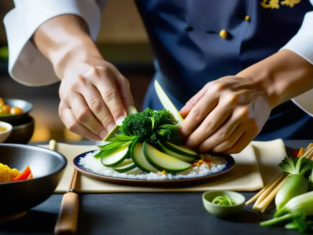 Chef experto recrea plato Ming con destreza milenaria Un chef experto preparando una receta histórica de la dinastía Ming, con ingredientes vibrantes y utensilios antiguos
