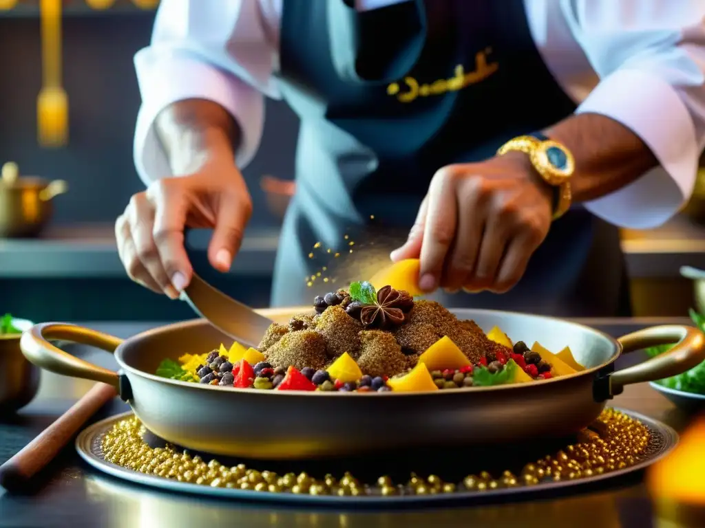 Un chef experto elabora una receta histórica de Dubái en una lujosa cocina, con detalles vibrantes y culturales