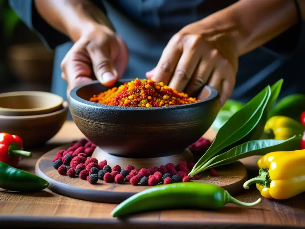 Un chef experto preparando una receta histórica de la cultura amazónica, con ingredientes vibrantes y técnicas tradicionales