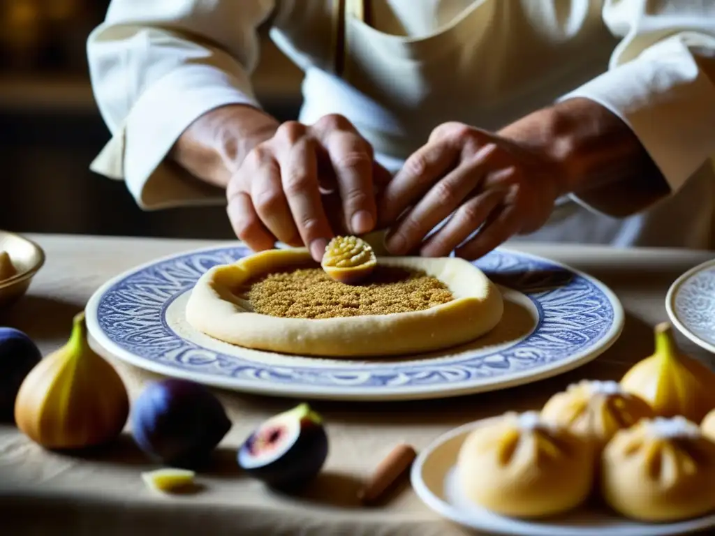 Un chef experto elabora una receta histórica romana con higos frescos y miel, en un escenario antiguo