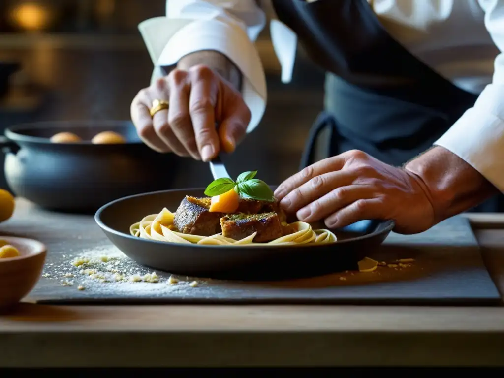 Un chef experto elabora una receta histórica romana con utensilios auténticos en una cocina moderna