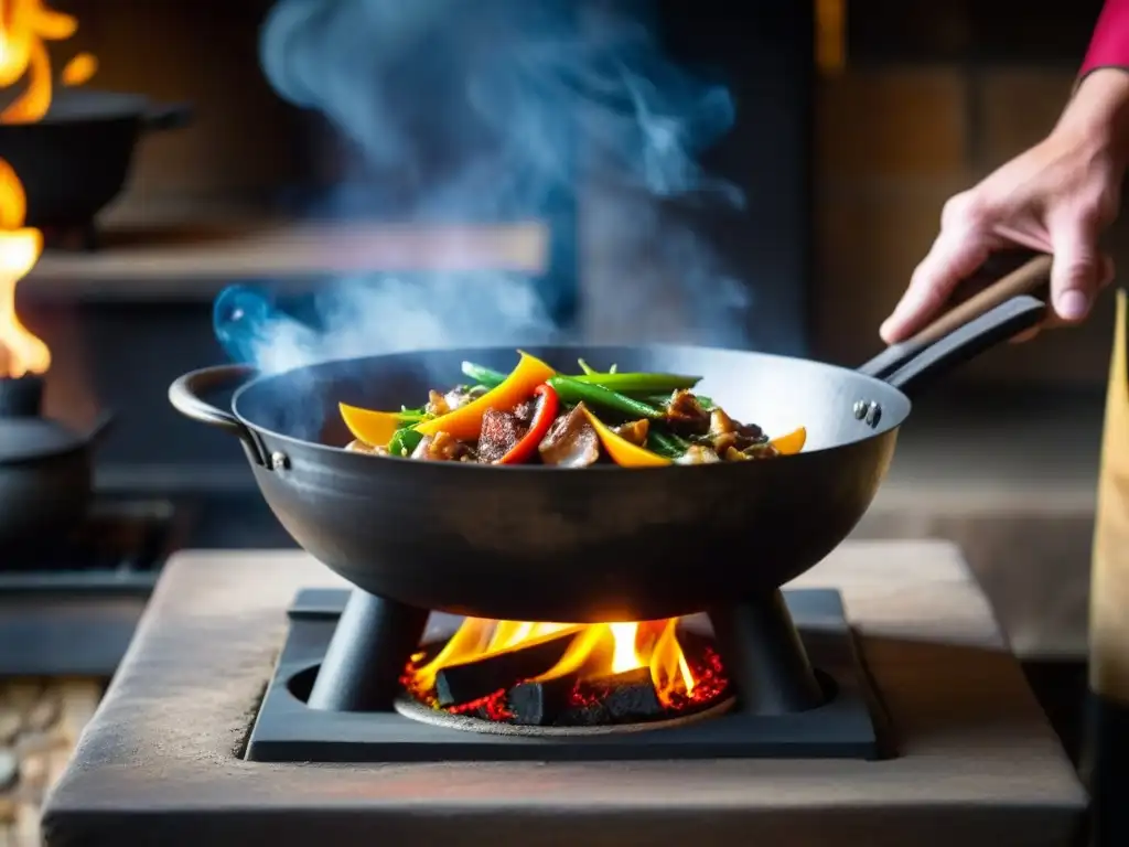 Un chef experto prepara una receta histórica en un wok antiguo sobre una estufa de leña, evocando la cultura gastronómica de épocas pasadas