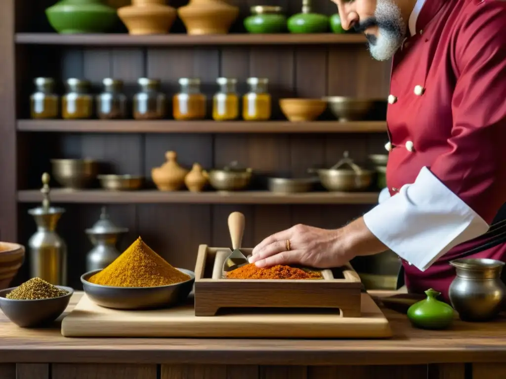 Un chef experto preparando una receta histórica en Cumalıkızık, rodeado de libros antiguos y utensilios tradicionales