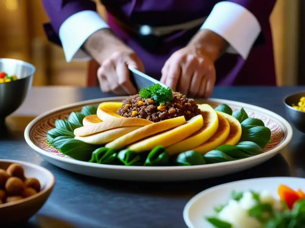 Un chef experto prepara una receta otomana en una cocina moderna, fusionando recetas históricas otomanas para hoy