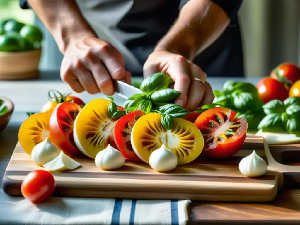 Un chef experto preparando una receta renacentista con tomates, albahaca y mozzarella en una tabla de madera rústica