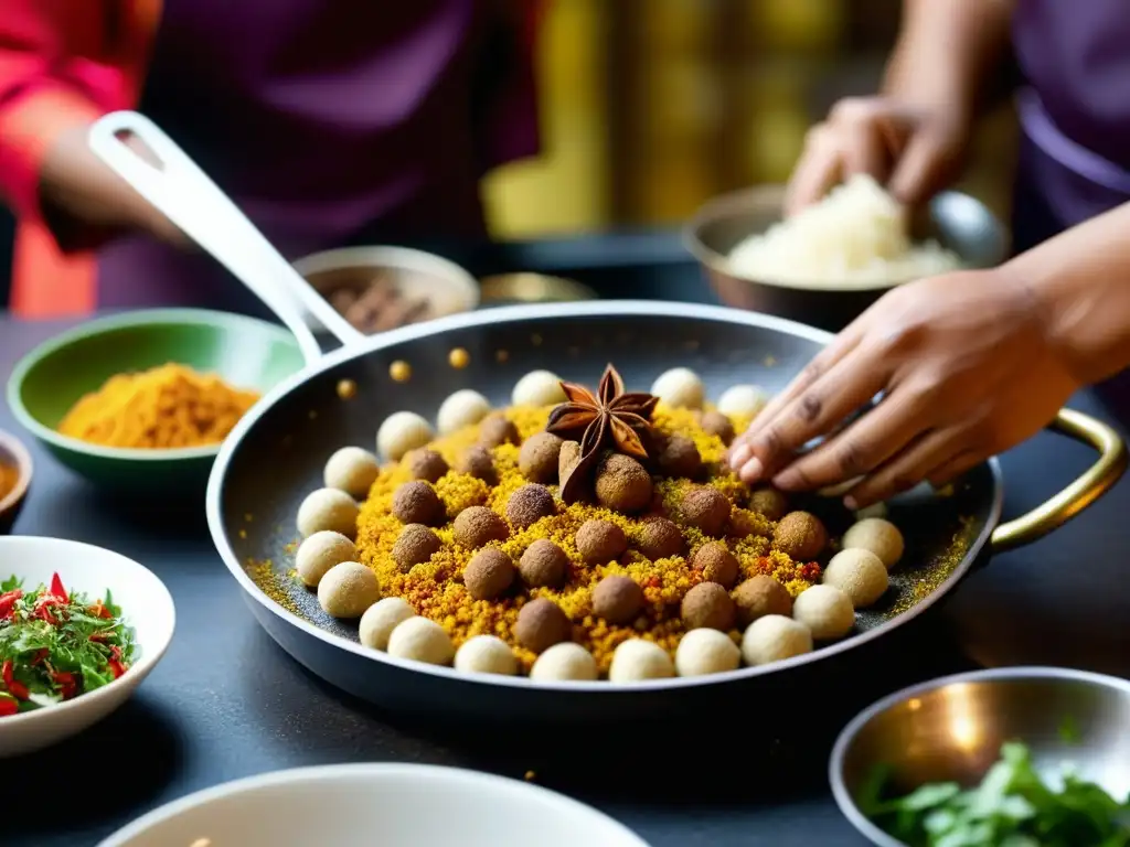 Un chef experto prepara una receta tradicional del sur de Asia, esparciendo especias sobre una sartén vibrante en una cocina bulliciosa