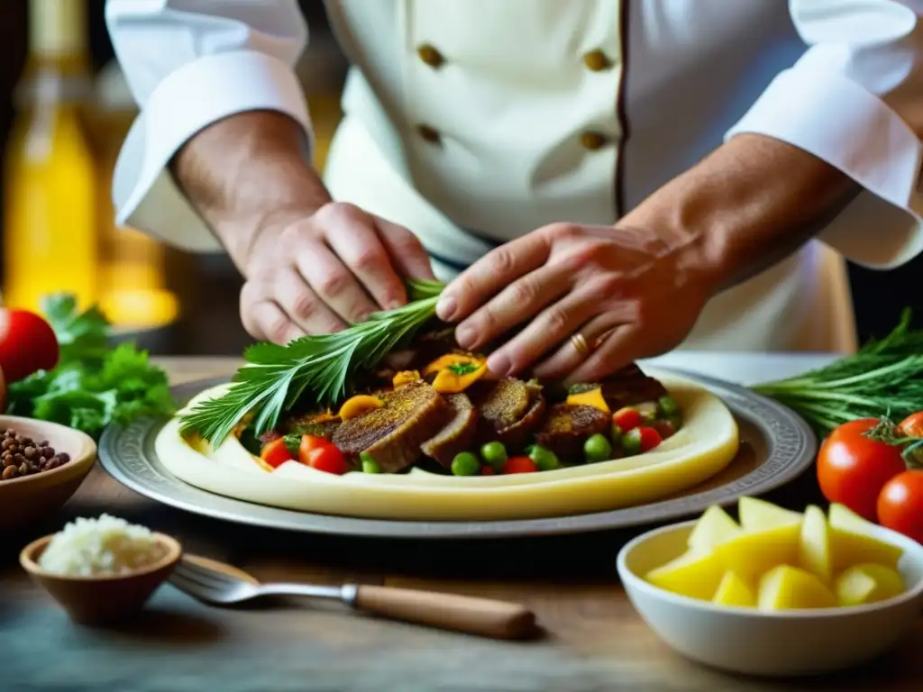 Un chef experto preparando una receta tradicional de los Balcanes, destacando la meticulosidad y colores vibrantes de los ingredientes frescos