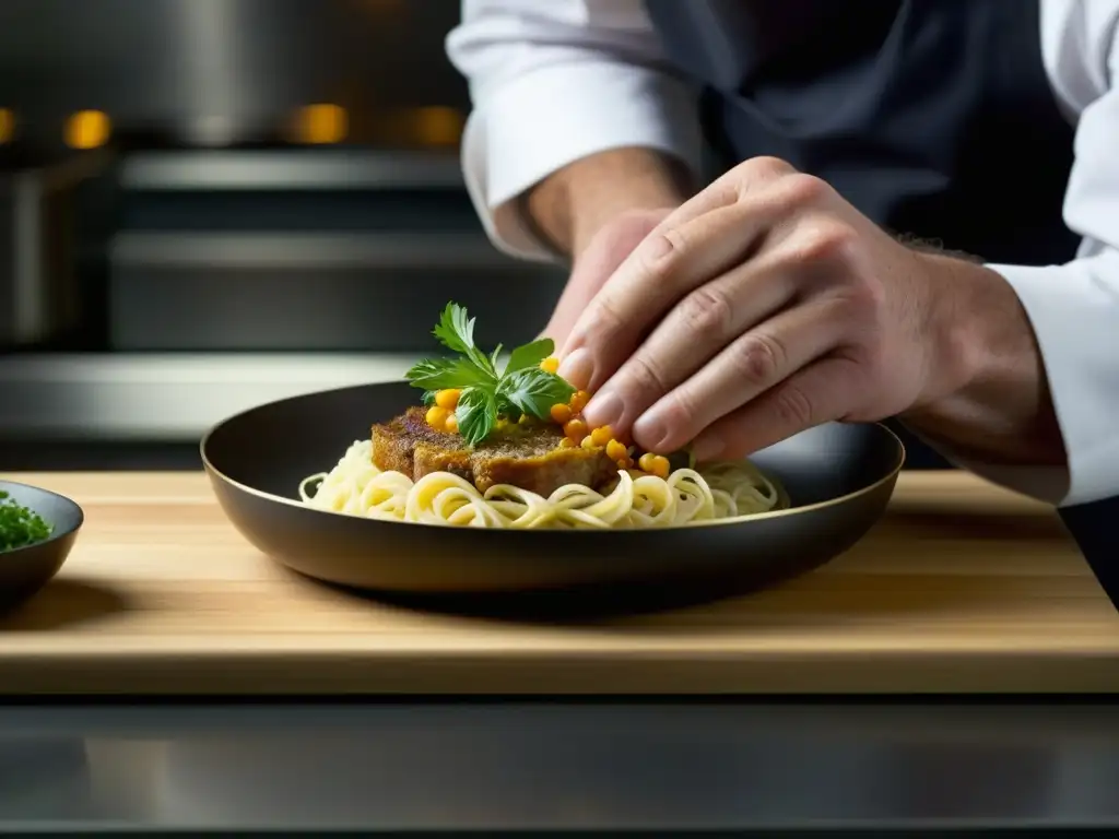 Un chef experto fusiona recetas históricas con técnicas modernas en una cocina contemporánea, reflejando la cultura culinaria de distintas épocas