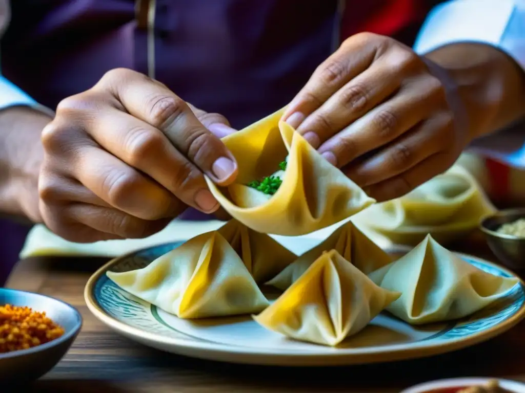 Un chef experto fusionando recetas históricas en wontons, representando la fusión gastronómica en la Ruta de la Seda