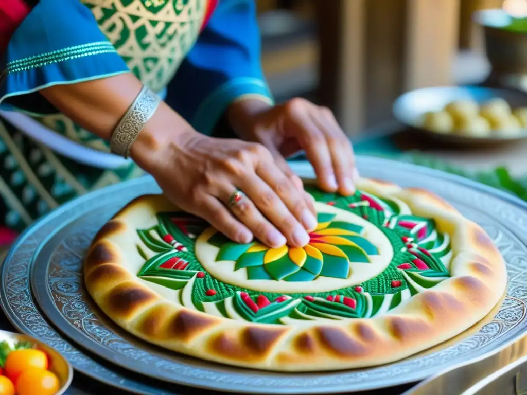 Chef uzbeko crea arte culinario en pan de la Ruta de la Seda Chef uzbeko experto en recetas históricas cultura Uzbekistán, elaborando arte culinario en pan de la Ruta de la Seda