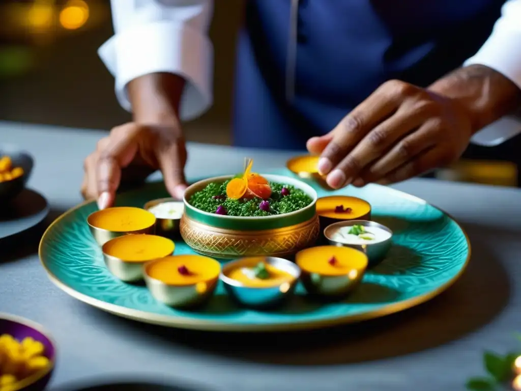 Chef creativo fusiona tradición y modernidad en plato Diwali Un chef experto en recetas históricas Diwali sabores, arregla platos vibrantes con detalle y precisión en una cocina moderna