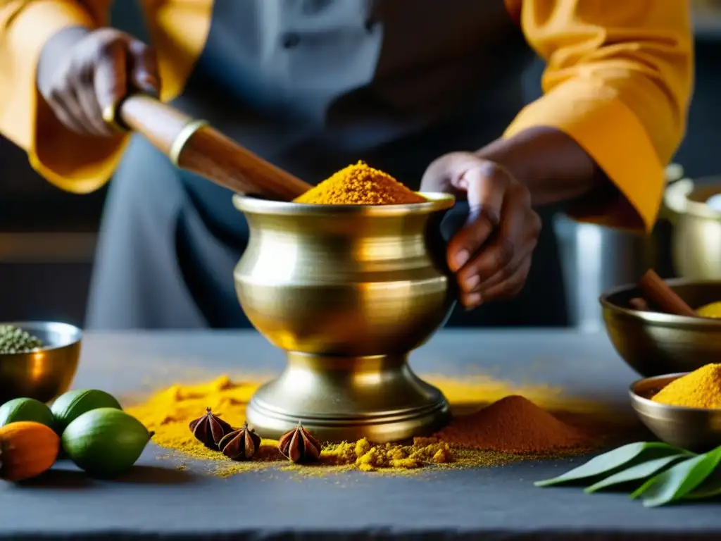 Un chef experto preparando recetas históricas de Thaipusam en Asia con especias vibrantes en un mortero de latón, destacando su destreza culinaria