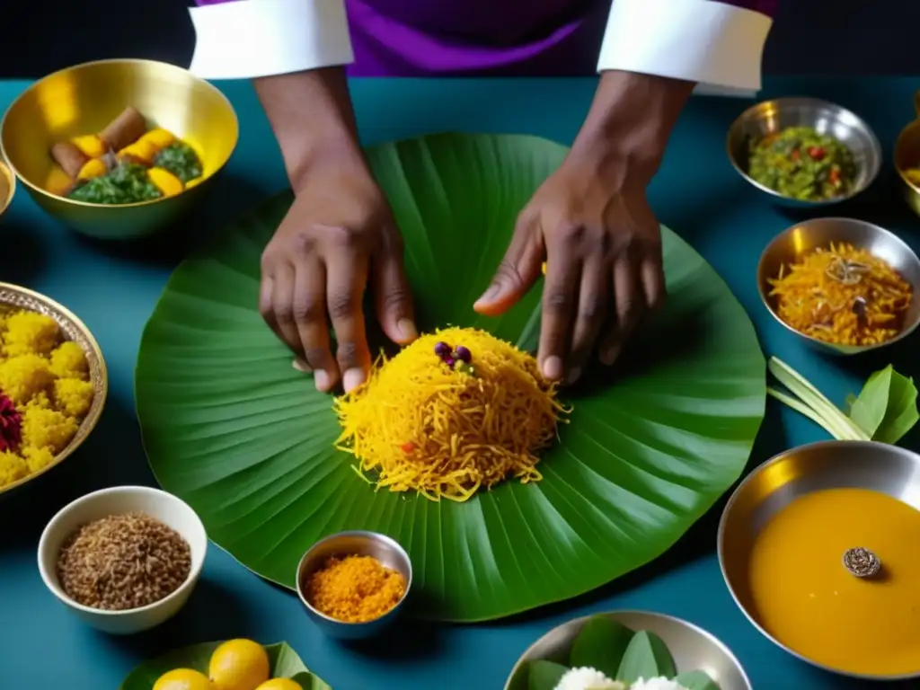 Un chef experto preparando recetas históricas de Thaipusam en Asia con delicadeza y precisión