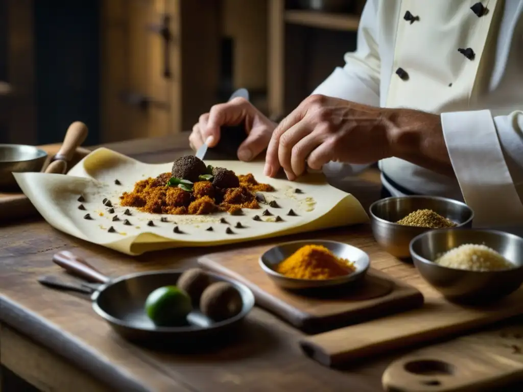 Cocinero experto recrea receta antigua con detalle Chef experto recrea recetas históricas culturales gastronomía antigua en cocina iluminada