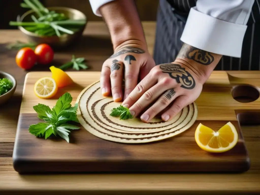 Un chef experto crea recetas históricas en una tabla de cortar de madera, fusionando arte y tradición culinaria en una imagen detallada