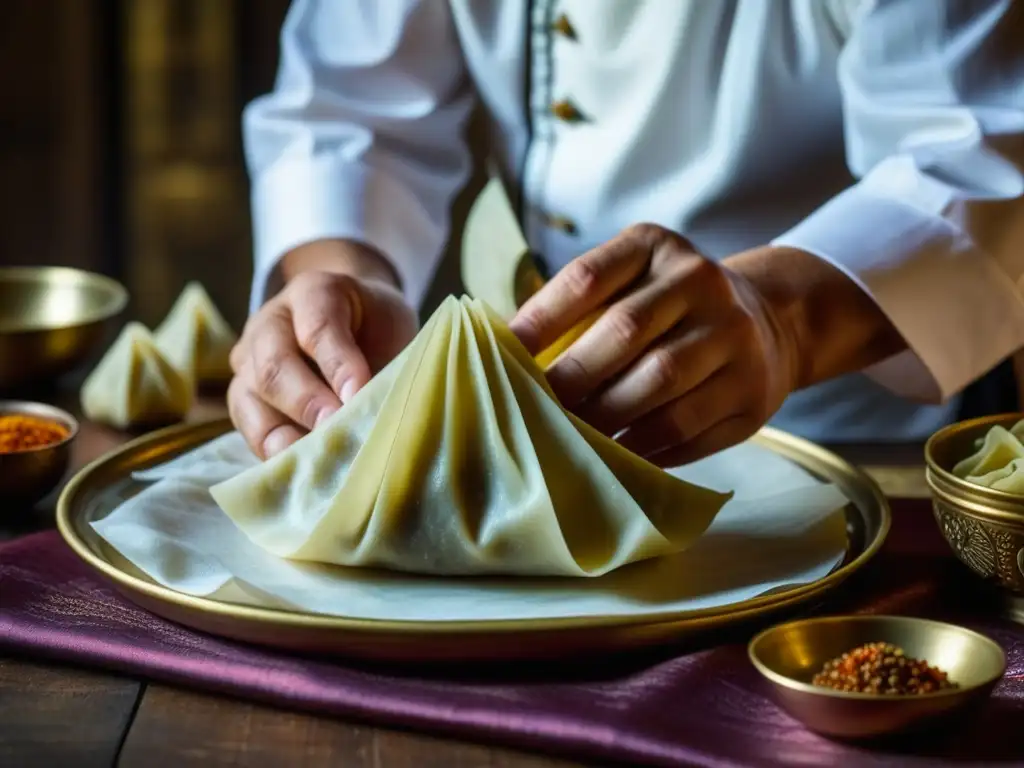 Un chef experto preparando recetas milenarias de la Ruta de la Seda, con cuidado y precisión