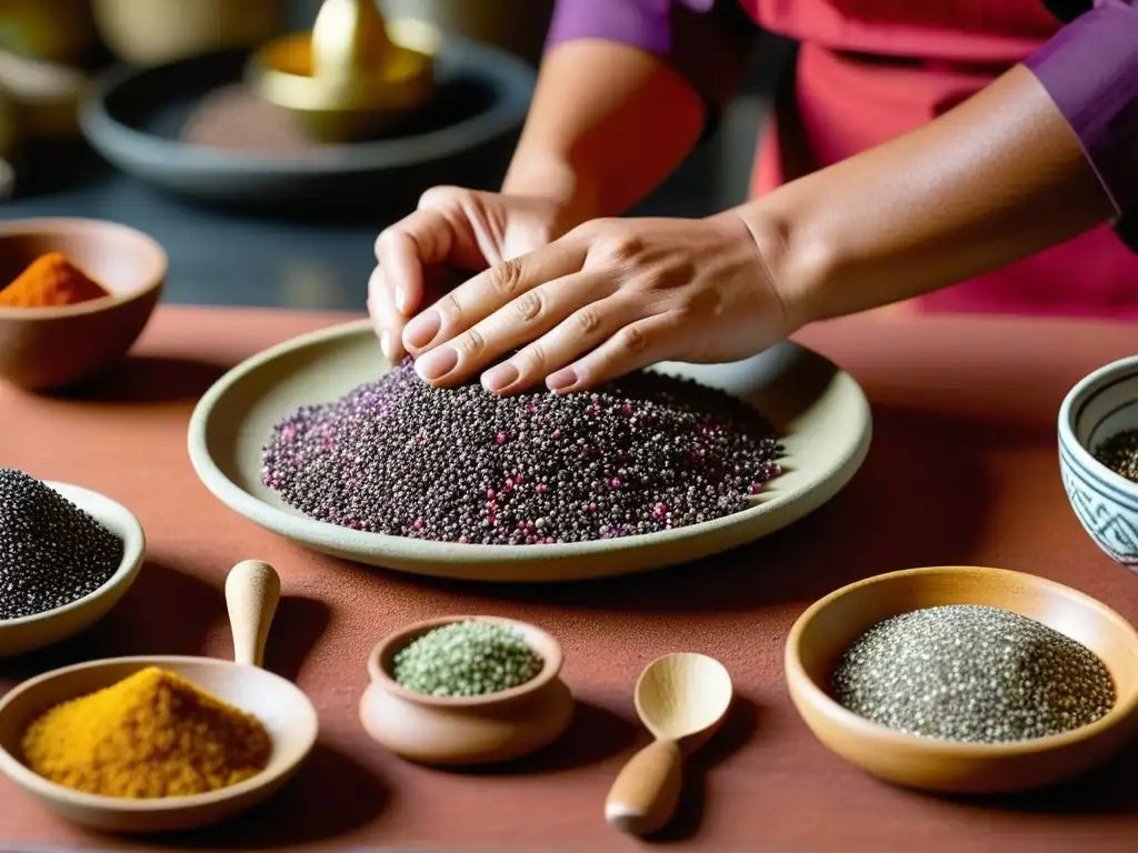 Un chef experto reconstruye recetas precolombinas con ingredientes exóticos y coloridos, en un ambiente de historia culinaria