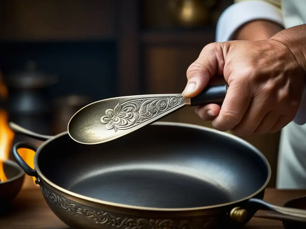 Un chef experto sostiene una réplica detallada de utensilios históricos, fusionando arte culinario y tradición