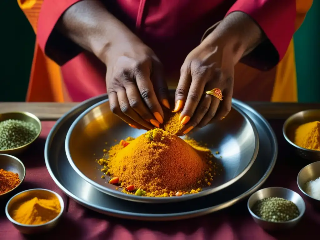 Un chef Mughal experto en resurgimiento cocina Mughal siglo XXI mezclando especias coloridas