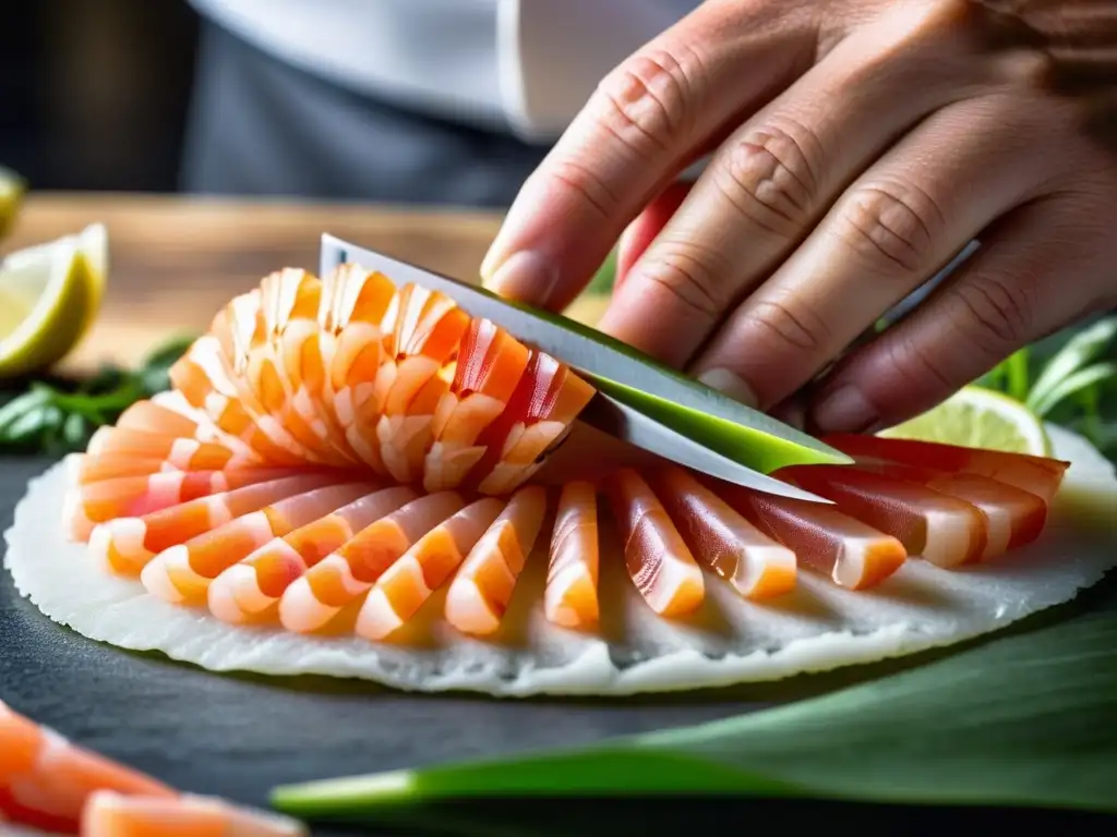 Un chef experto cortando camarón rojo fresco en finas rodajas para preparar Carpaccio de Camarón