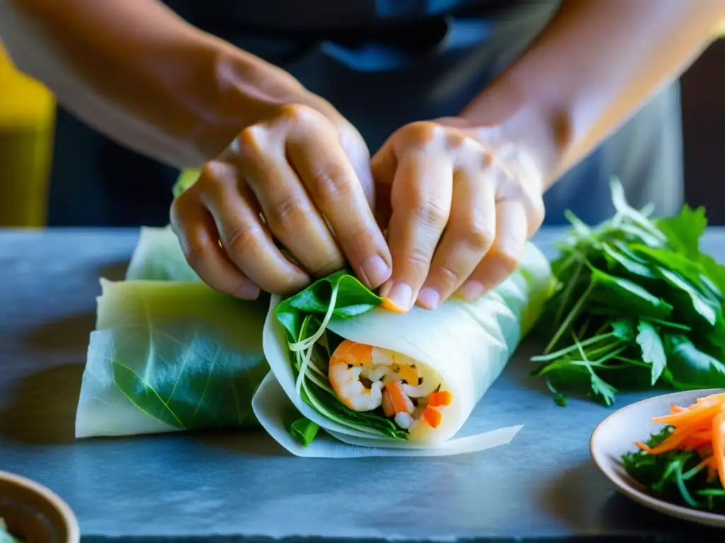 Un chef experto crea un rollito de verano vietnamita con hierbas frescas y camarones