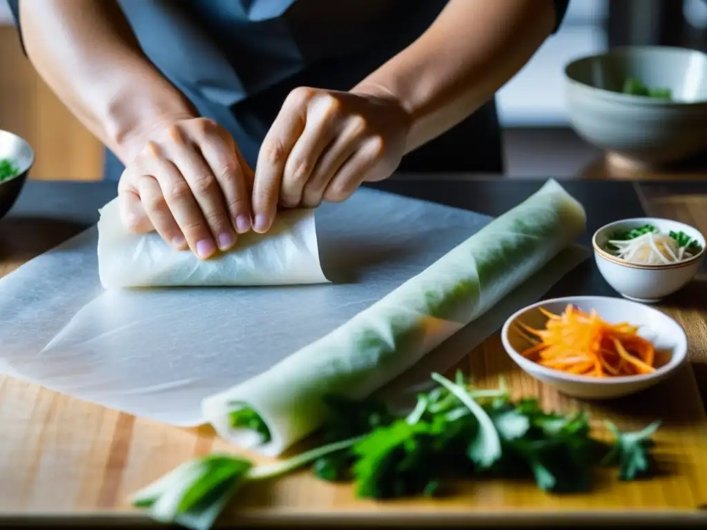 Un chef experto crea rollitos de primavera vietnamitas con precisión y arte