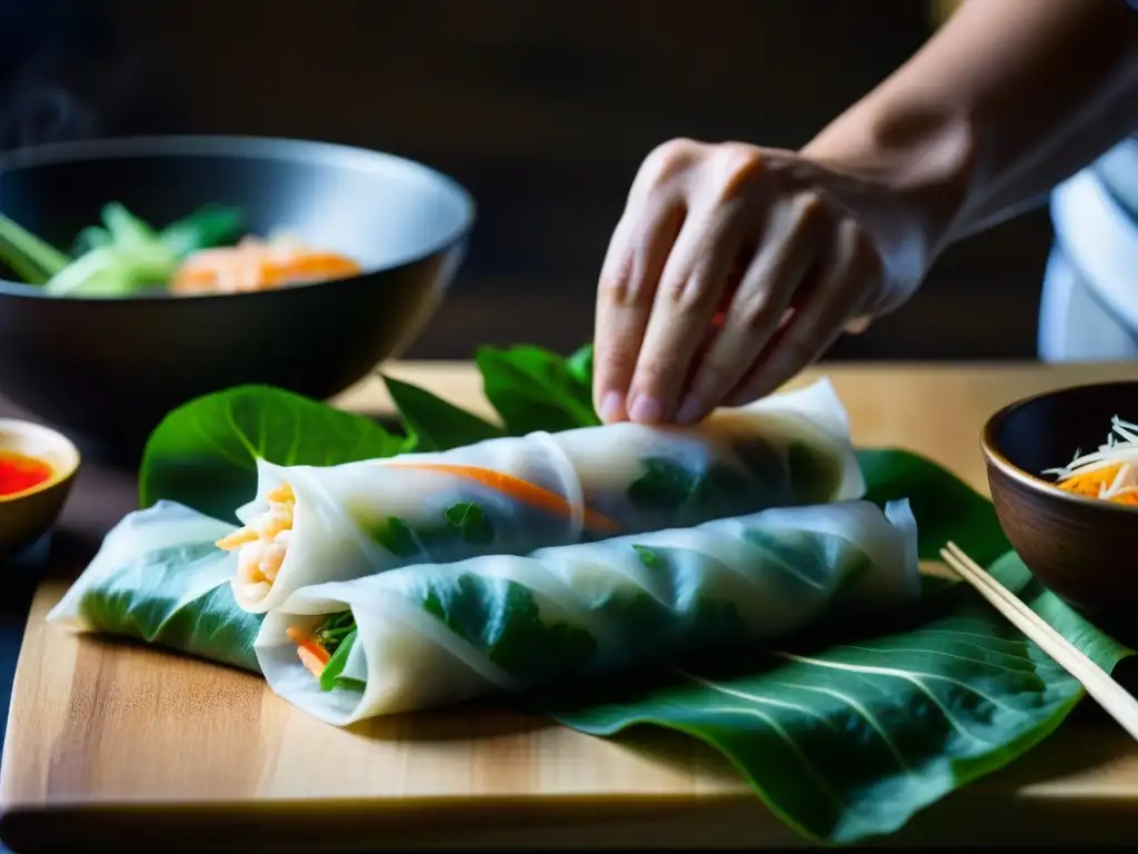 Un chef experto preparando rollitos de primavera vietnamitas, destacando la técnica y colores vibrantes