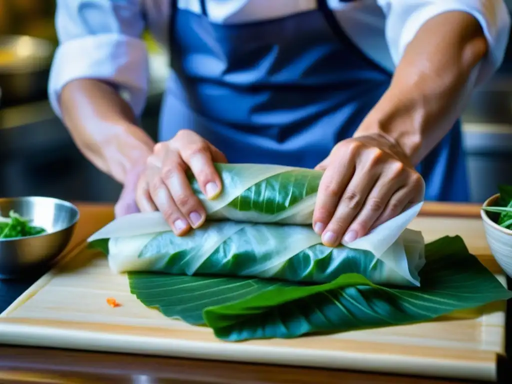 Un chef experto enrolla un rollo primavera vietnamita con precisión y arte culinario