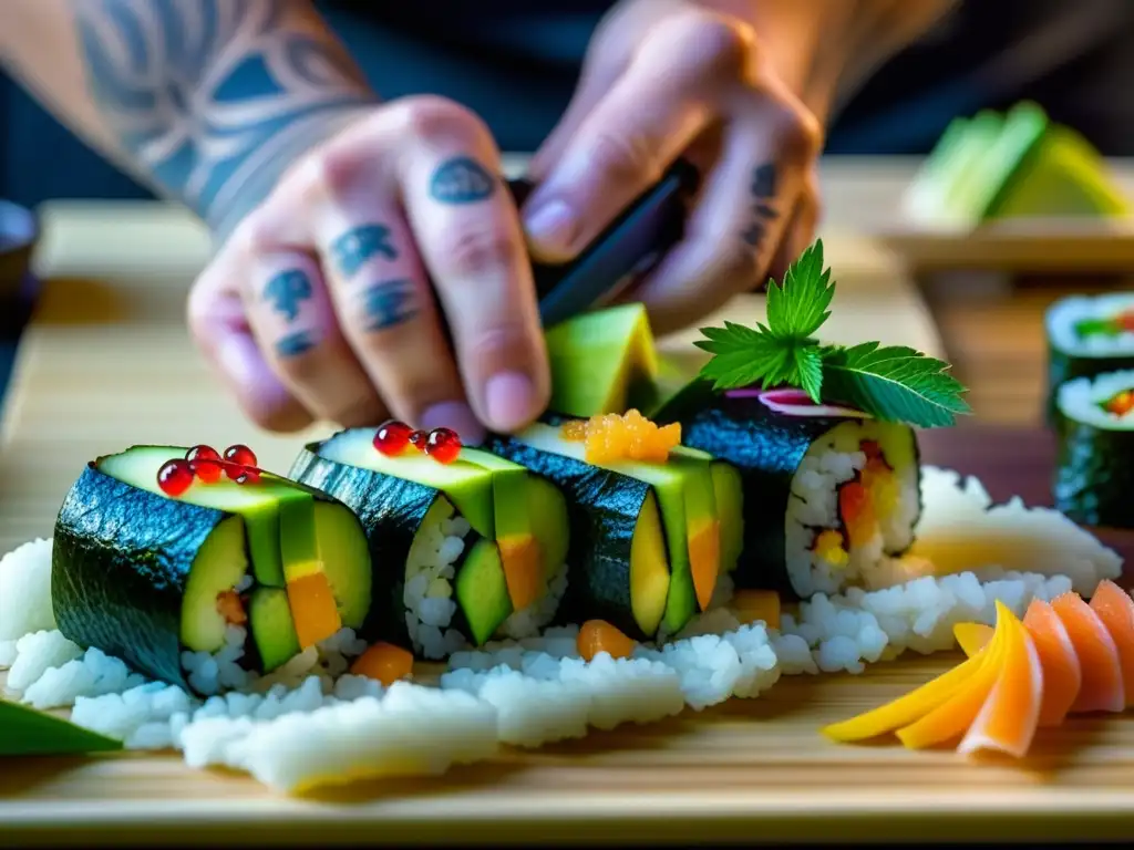 Un chef experto crea un rollo de sushi artístico y vibrante, reflejando la diversidad culinaria mundial