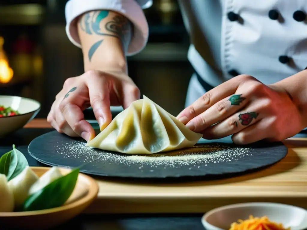 Un chef experto fusiona sabores en un dumpling, exhibiendo un intenso intercambio culinario Europa Oriente