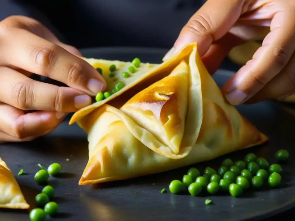 Un chef experto creando samosas, capturando la historia y evolución cultural en la mesa