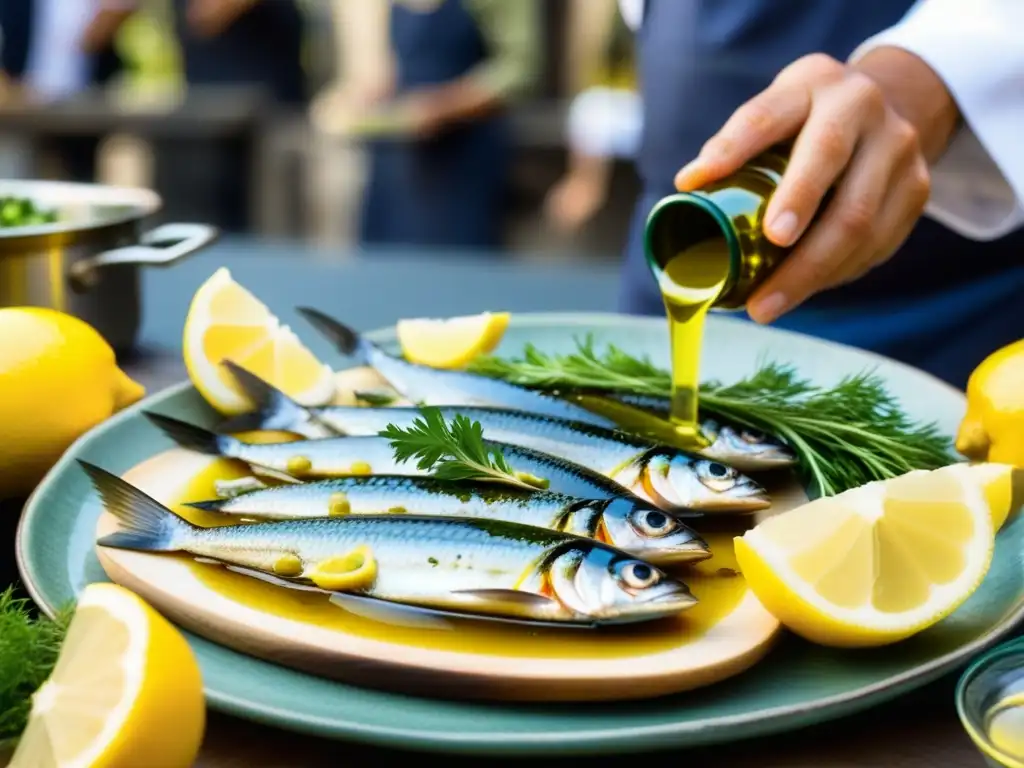Chef experto preparando sardinas frescas con aceite de oliva en Lisboa Un chef experto adereza sardinas con aceite de oliva en un mercado de Lisboa
