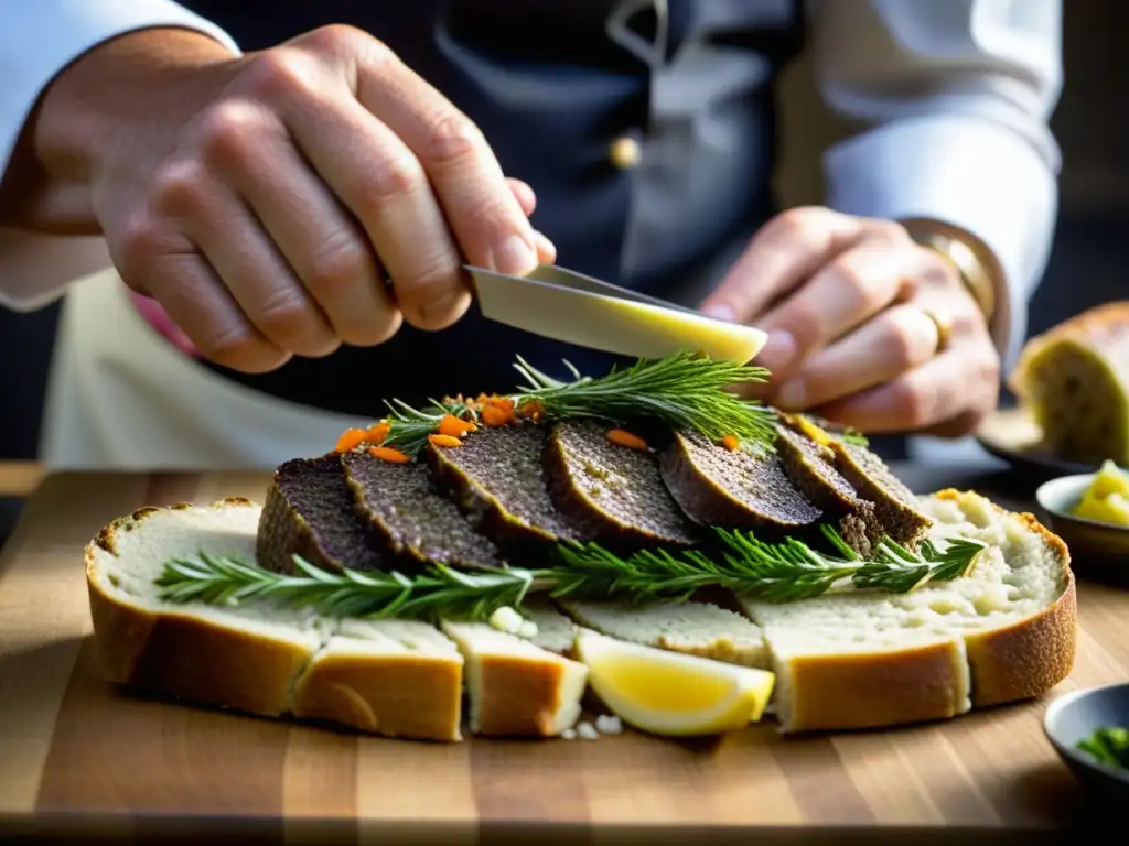 Un chef experto crea un smørrebrød danés con precisión y arte, destacando la tradición culinaria de Copenhague