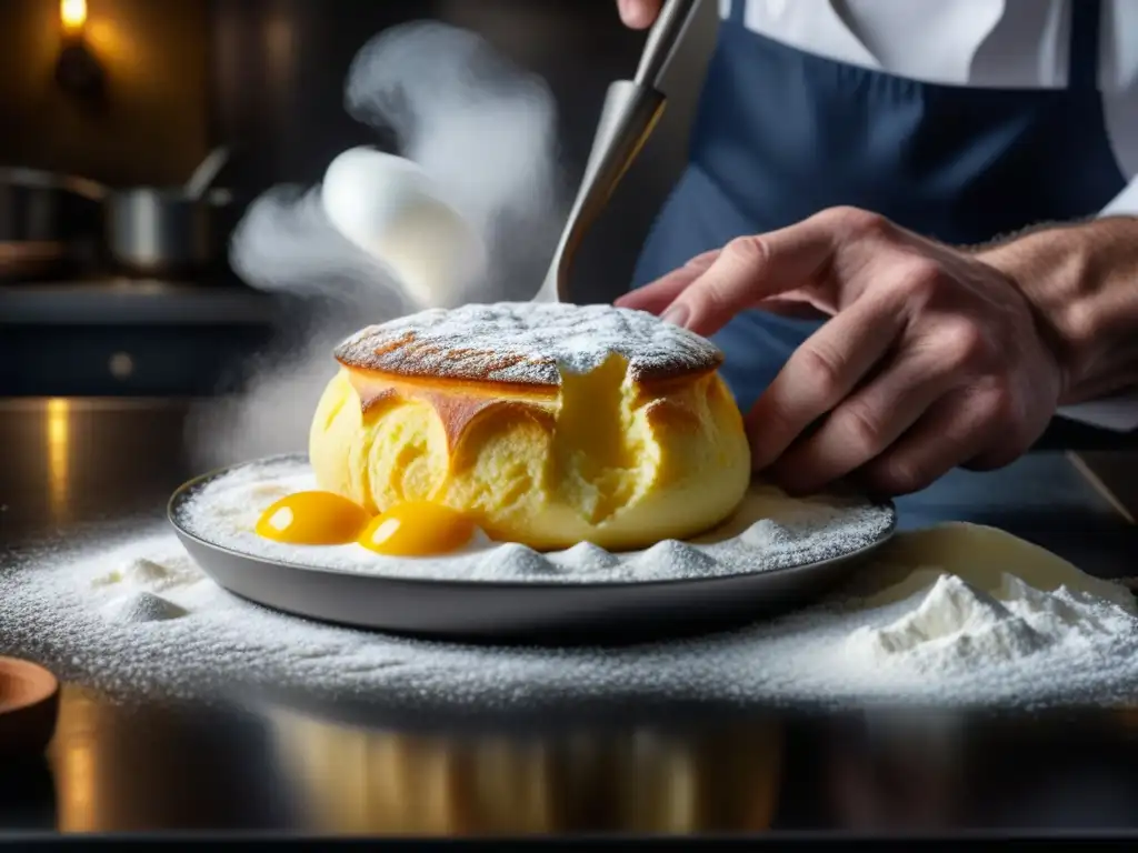 Un chef experto creando un suflé dorado en una cocina vintage de cobre