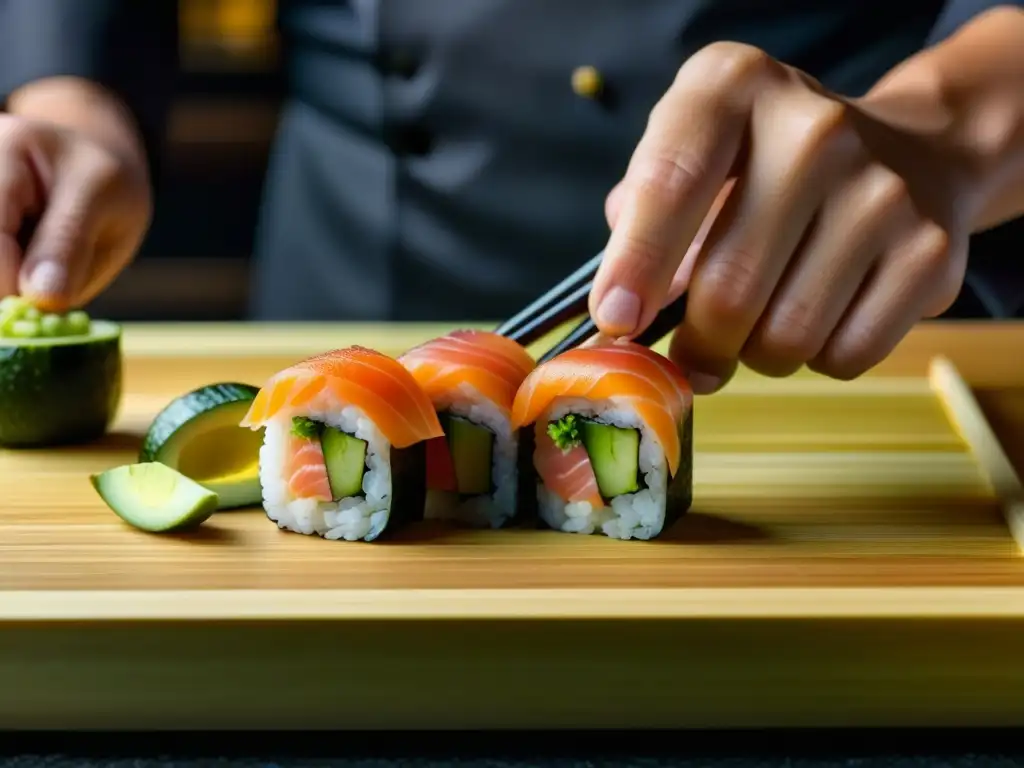 Chef experto preparando sushi con influencia culinaria asiática en Pacífico