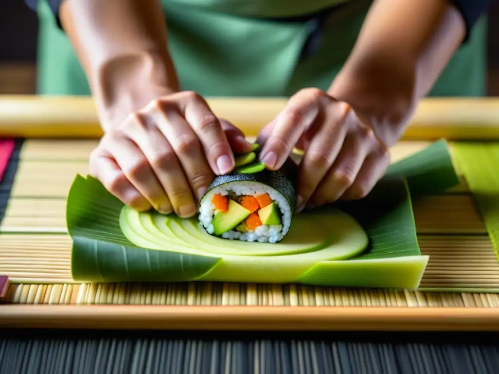 Un chef experto crea un sushi innovador de quinua con precisión, fusionando la cocina peruana y japonesa