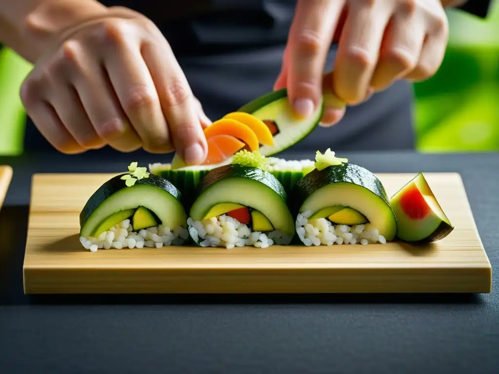 Un chef experto crea sushi de quinua, mostrando innovación culinaria con ingredientes frescos y coloridos