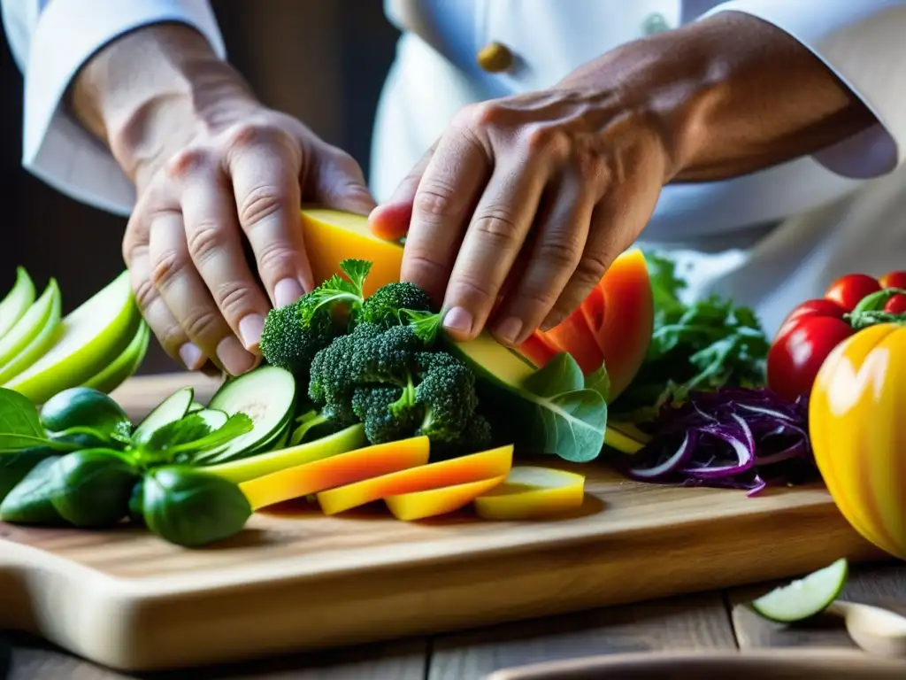 Un chef experto en alimentación sustentable en expediciones corta con destreza ingredientes frescos en una tabla de madera rústica