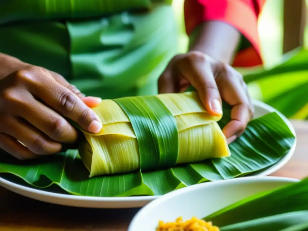 Chef experto envuelve tamales de plátano afrocaribeños