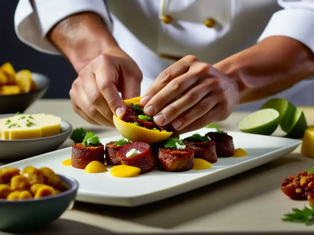 Un chef experto montando tapas coloridas con influencia española en cocina fusión